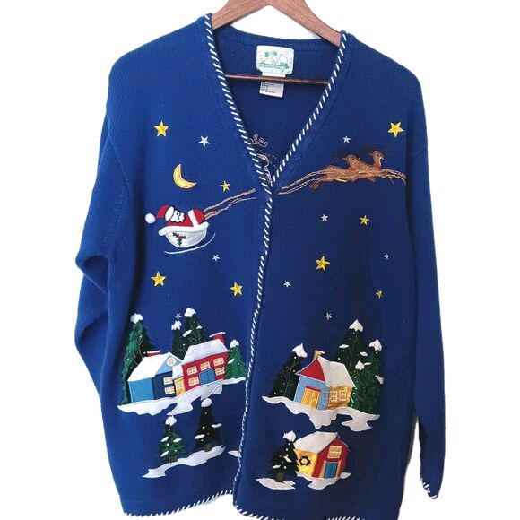 Vintage 90s Quacker Factory Christmas Village Cardigan Sweater Blue Size L - Picture 1 of 13